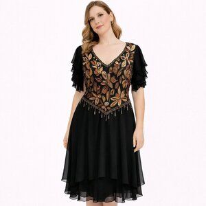 Vintage Black Chiffon Dress with Gold Sequin & Beaded Bodice – Holiday Glam Cock